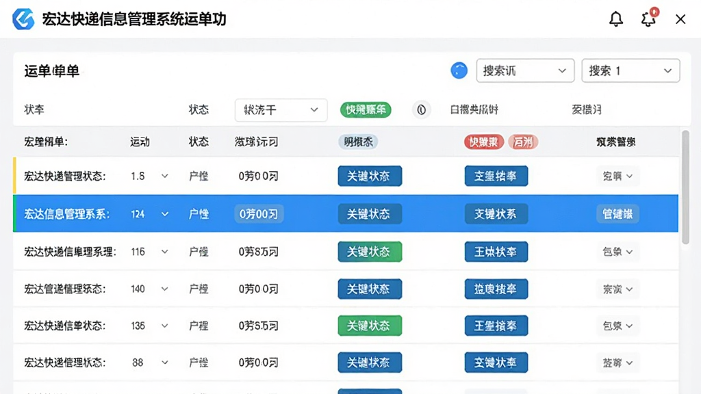 宏达快递信息管理系统运单管理功能界面,展示运单列表、状态标签与搜索筛选栏,界面采用表格布局,蓝色高亮显示关键状态字段,风格现代,细节丰富,画质清晰干净