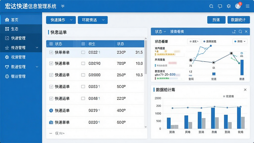 宏达快递信息管理系统主界面截图,展示快递运单列表、状态看板与数据统计图表,界面以蓝白为主色调,布局清晰,左侧功能导航栏,顶部快捷操作按钮,整体风格简洁专业,画质高清,干净无多余元素