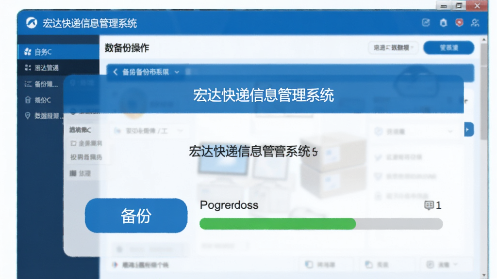 宏达快递信息管理系统数据备份操作界面,展示备份按钮与进度条,背景为系统主界面,蓝色调,画质清晰,无多余元素