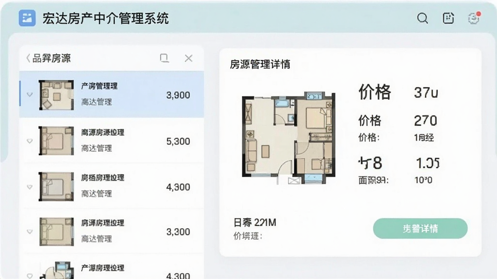 宏达房产中介管理系统房源管理界面展示,左侧房源列表,右侧房源详情卡片,包含户型图、价格、面积等字段,界面采用卡片式布局,风格清新,色彩柔和,画质干净,无多余元素