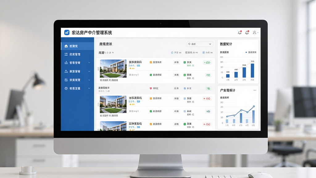 主视觉展示宏达房产中介管理系统在电脑屏幕上的运行界面,界面布局清晰,左侧为功能导航栏,中间为房源列表,右侧为数据统计面板,整体风格商务简洁,色彩以蓝色和白色为主,画质高清,干净无多余元素