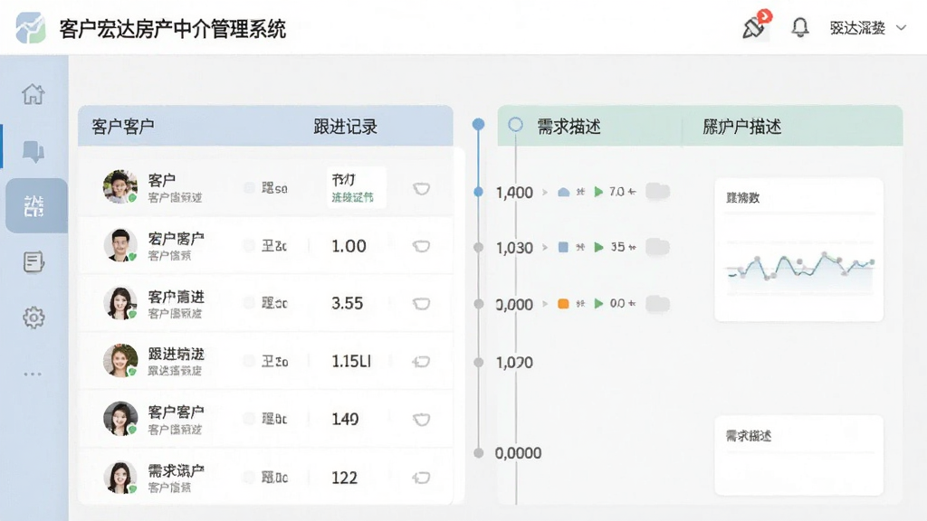 宏达房产中介管理系统客源跟进界面展示,显示客户列表、跟进记录、需求描述,界面采用列表与时间线结合,色彩淡雅,风格简约,画质清晰,无多余元素