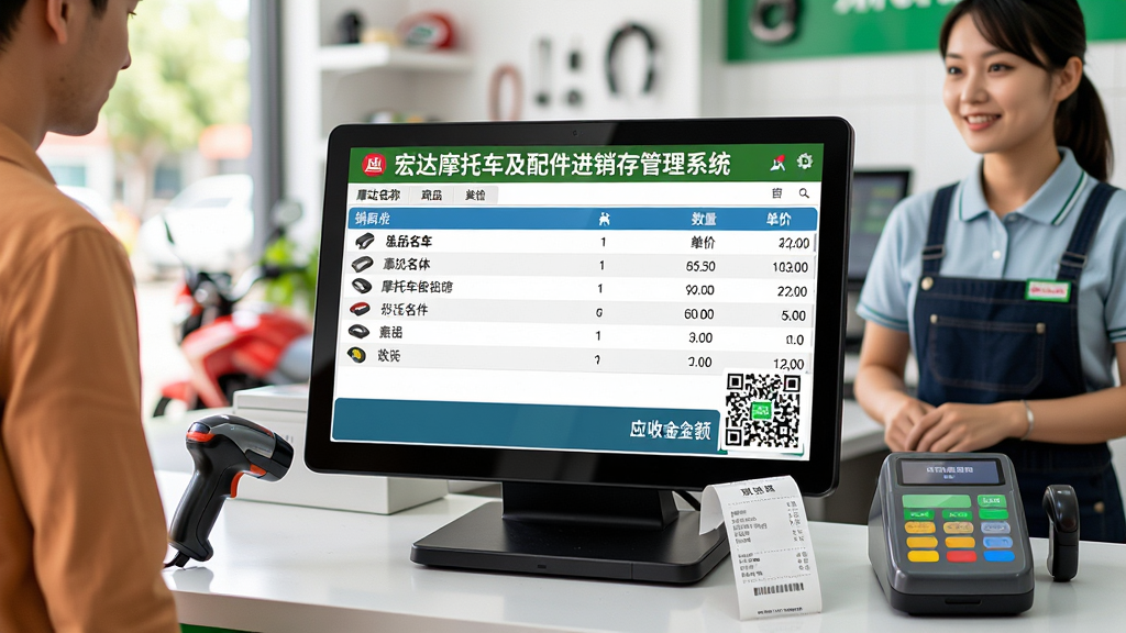 画面主体为宏达摩托车及配件进销存管理系统的销售开单界面,屏幕显示“宏达摩托车及配件进销存管理系统”字样,收银台场景,商品列表包含摩托车配件名称、数量、单价,底部显示应收金额和收款二维码;布局为前台视角,有顾客和收银员;排版整洁明亮,风格写实;细节包含扫码枪和POS小票;画质高清,色彩鲜艳,无多余元素。