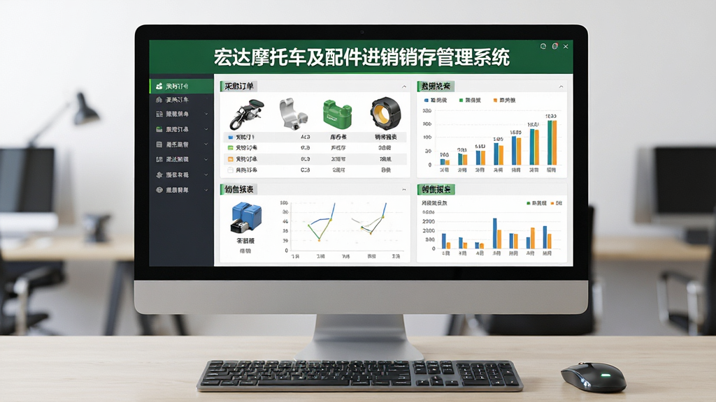 画面主体为宏达摩托车及配件进销存管理系统在电脑屏幕上的主界面展示,屏幕上清晰显示“宏达摩托车及配件进销存管理系统”字样,界面包含左侧功能导航栏和右侧数据统计图表;整体布局为电脑桌面场景,屏幕居中,周围有键盘鼠标;排版干净商务,风格写实;细节上屏幕内可见采购订单、库存列表、销售报表等模块图标;画质高清细腻,色彩明亮通透,无多余杂物。