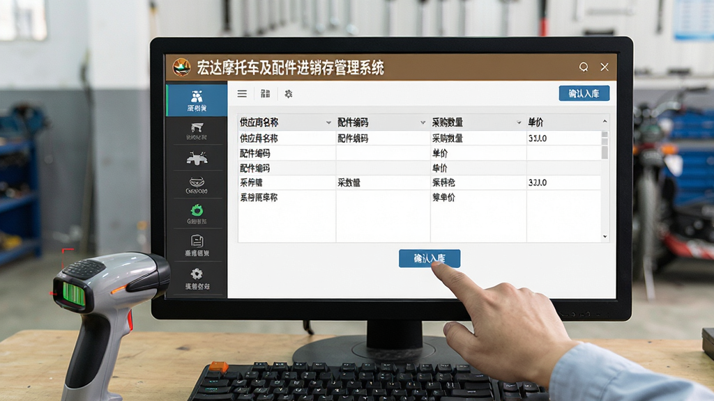 画面主体为宏达摩托车及配件进销存管理系统的采购入库操作界面,屏幕显示“宏达摩托车及配件进销存管理系统”标题栏,表格中列出供应商名称、配件编码、采购数量及单价;人物手指点击“确认入库”按钮;布局以屏幕为中心,左侧有功能菜单;排版商务简洁,风格写实;细节突出条形码扫描枪和键盘;画质清晰锐利,色彩自然,无多余元素。
