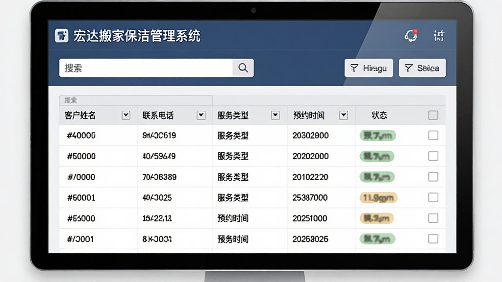 宏达搬家保洁管理系统订单管理界面,屏幕显示订单列表表格,包含客户姓名、联系电话、服务类型、预约时间、状态标签等列,顶部有搜索框与筛选按钮,界面清晰,风格商务简洁,画质高清,无多余元素