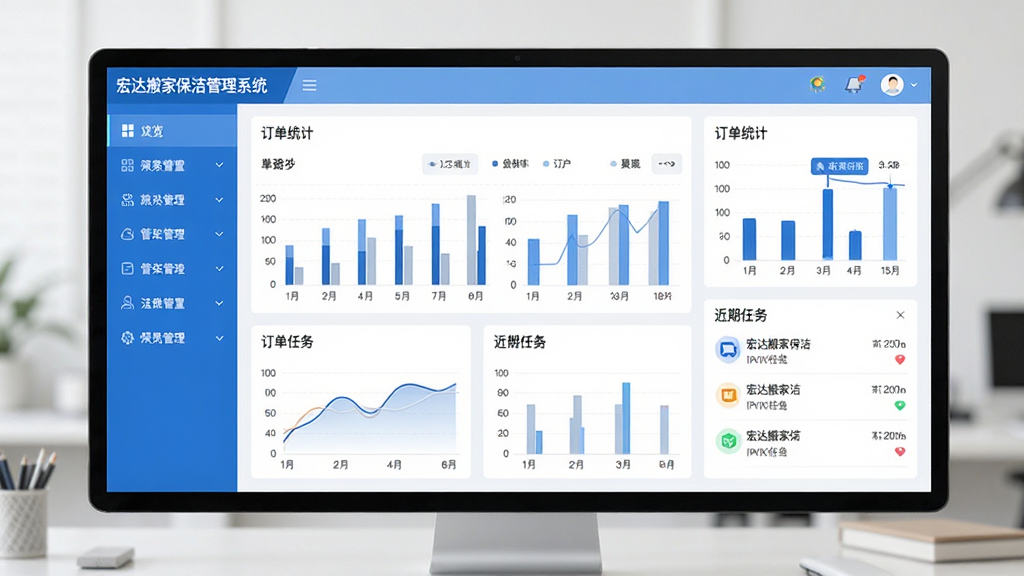 宏达搬家保洁管理系统主界面预览图,画面中央是软件仪表盘,左侧为功能导航栏,右侧显示订单统计图表与近期任务列表,整体采用蓝白配色,界面干净整洁,文字标注“宏达搬家保洁管理系统”,风格现代简洁,高清画质,无多余元素