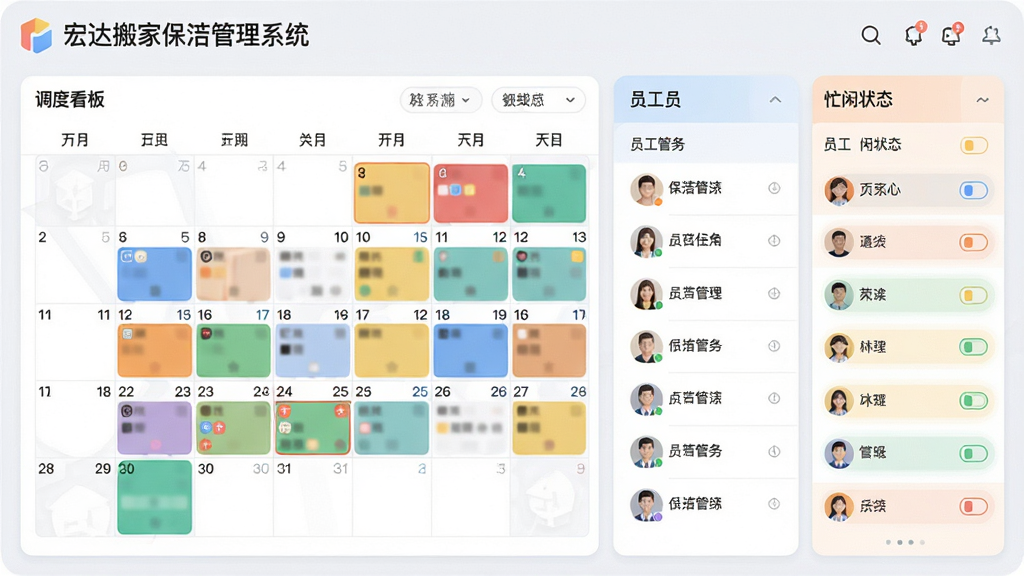 宏达搬家保洁管理系统调度看板界面,画面展示日历视图与员工列表,不同颜色块代表不同任务,右侧显示员工忙闲状态,界面配色柔和,信息层级分明,文字标注“宏达搬家保洁管理系统”,风格简洁现代,高清画质,无多余元素