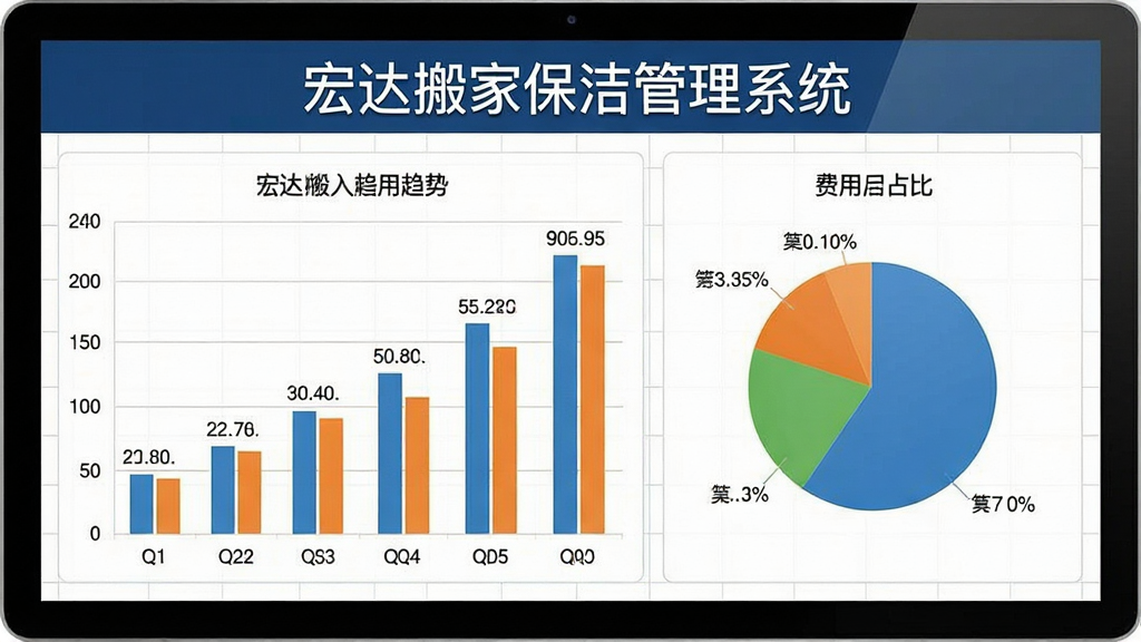 宏达搬家保洁管理系统财务统计图表,画面包含柱状图与饼图,展示收入趋势与费用占比,背景为浅色网格,数据标签清晰,整体风格商务大气,文字标注“宏达搬家保洁管理系统”,高清画质,无多余元素