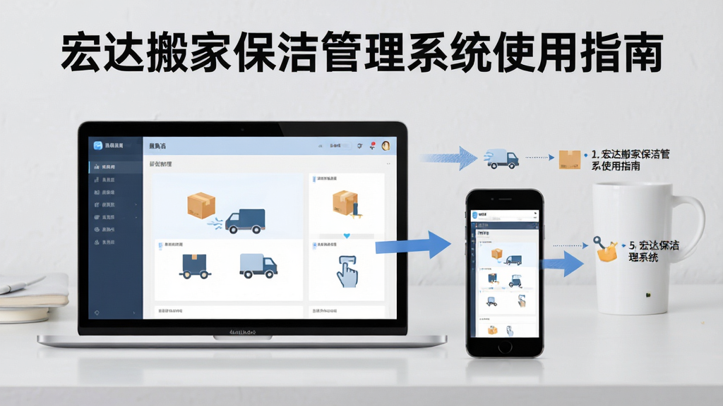 宏达搬家保洁管理系统使用教程示意图,画面展示一台笔记本电脑与手机并排,屏幕上有软件界面,旁边有箭头指示操作步骤,背景为浅灰色桌面,风格简洁明了,文字标注“宏达搬家保洁管理系统使用指南”,高清画质,无多余元素