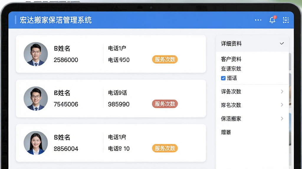 宏达搬家保洁管理系统客户管理页面,画面显示客户卡片列表,包含头像、姓名、电话、服务次数标签,右侧有详细资料面板,界面采用卡片式布局,风格清新简约,文字标注“宏达搬家保洁管理系统”,高清画质,无多余元素