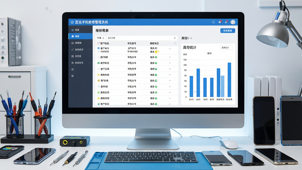 主体:宏达手机维修管理系统软件界面展示,一台电脑显示器上显示维修工单列表和库存统计图表,桌面上摆放手机维修工具和几部待修手机。布局:电脑屏幕居中,周围环绕维修工具和手机,形成工作台场景。排版:界面截图清晰,左侧为导航菜单,右侧为数据看板。风格:写实科技风,屏幕光线明亮。细节:工单上显示“客户姓名”“手机型号”“维修状态”等字样,库存图表用蓝色柱状图。画质:高清,干净,无多余元素。