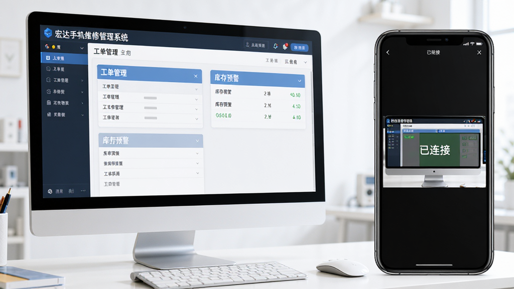 主体:宏达手机维修管理系统在电脑上运行的截图,旁边有一部手机显示远程桌面控制界面。布局:电脑屏幕与手机并排,电脑屏幕显示软件主界面,手机屏幕显示远程控制画面。排版:左右分布,电脑为主,手机为辅。风格:写实科技风,光线明亮。细节:电脑屏幕上有“工单管理”“库存预警”字样,手机屏幕上显示“已连接”状态。画质:高清,干净,无多余元素。
