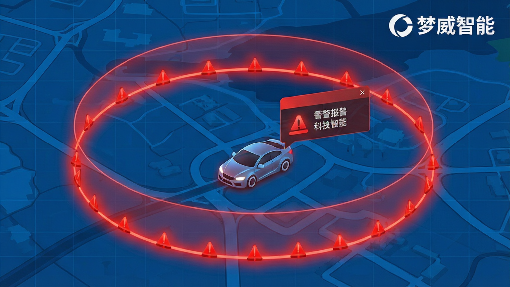 主体:一个虚拟的圆形电子围栏覆盖在地图上,围栏边界闪烁警示光效,一辆小汽车图标位于围栏边缘;布局:围栏居中,地图背景铺满,车辆图标突出,右上角有“梦威智能”标识;排版:视觉焦点在围栏与车辆的相对位置,警示信息清晰;风格:科技安保风,红色警示与蓝色地图对比;细节:围栏半透明,报警弹窗悬浮,地图网格清晰;画质:高清,干净,无多余元素