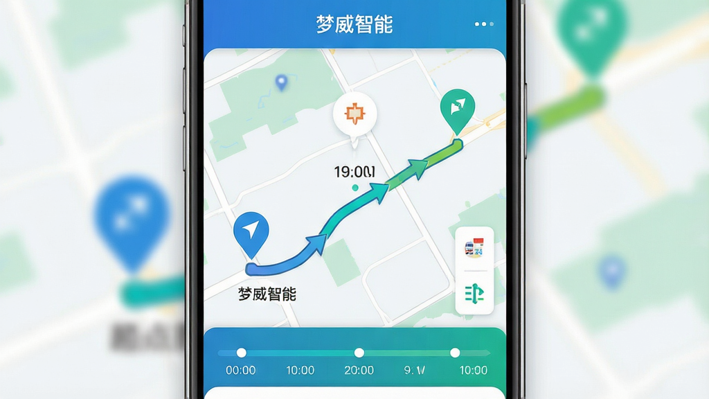 主体:手机屏幕展示梦威智能APP的轨迹回放界面,地图上有一条彩色行驶路线,带有起点和终点标记;布局:手机居中,屏幕内容放大展示,周围有模糊的地图背景;排版:界面元素清晰,轨迹线醒目,时间轴在下方;风格:简洁现代,蓝绿配色,信息可视化;细节:轨迹线带箭头方向,时间点标注清楚,界面有“梦威智能”标识;画质:高清,干净,无多余元素
