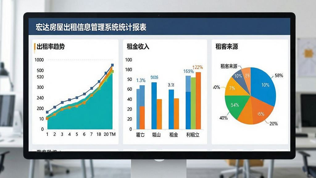 宏达房屋出租信息管理系统数据统计报表页面,展示出租率趋势图、租金收入柱状图、租客来源饼图,图表配色鲜明,数据清晰,商务办公风格,画面干净,高画质