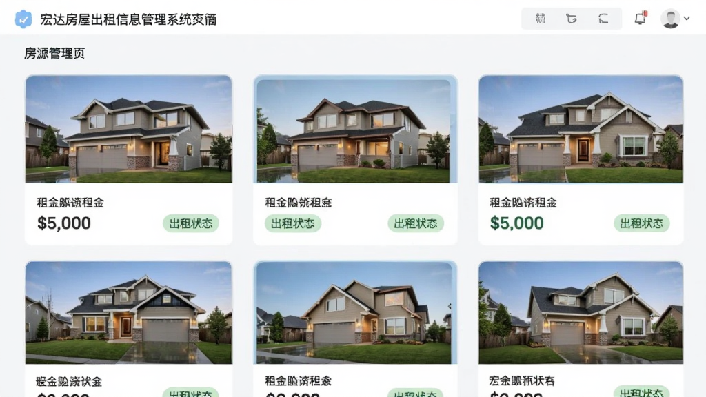 宏达房屋出租信息管理系统房源管理页面,展示多套房源卡片,包含房屋照片、租金价格、出租状态标签,界面采用卡片式布局,色彩柔和,现代简约风格,画质清晰,无多余元素