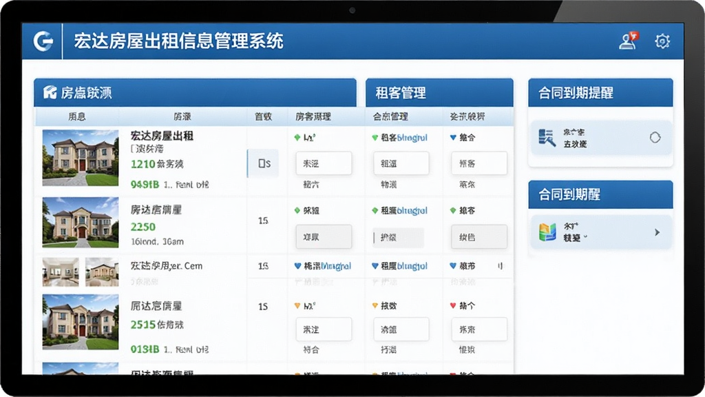 宏达房屋出租信息管理系统主界面预览图,展示房源列表、租客管理、合同到期提醒等核心功能模块,布局清晰,数据表格排列整齐,采用蓝色商务风格,画面干净,无多余元素,高画质