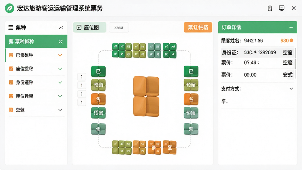 主体:宏达旅游客运运输管理系统票务管理界面,布局:左侧为票种列表,中间为座位图,右侧为订单详情;排版:座位图用不同颜色区分已售、预留、空座状态;风格:简洁明亮,绿色与橙色点缀;细节:订单详情显示乘客姓名、身份证号、票价、支付方式;画质:高清,干净,无多余元素。