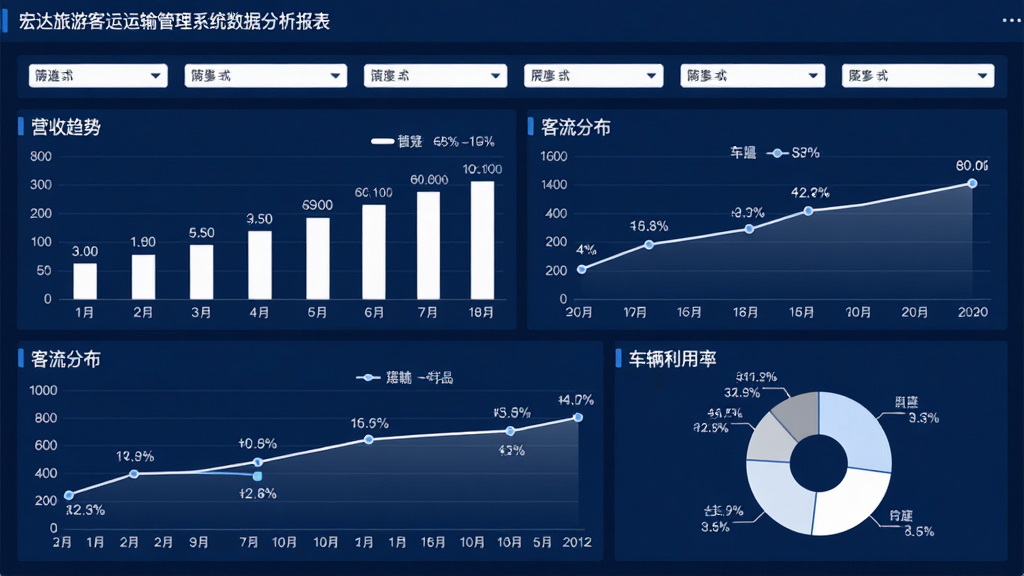 主体:宏达旅游客运运输管理系统数据分析报表界面,布局:上方为筛选条件栏,下方为多个图表组合;排版:包含柱状图、折线图、饼图,展示营收趋势、客流分布、车辆利用率;风格:商务大气,深蓝色背景,白色图表线条;细节:图表有数据标签和百分比标注;画质:高清,干净,无多余元素。