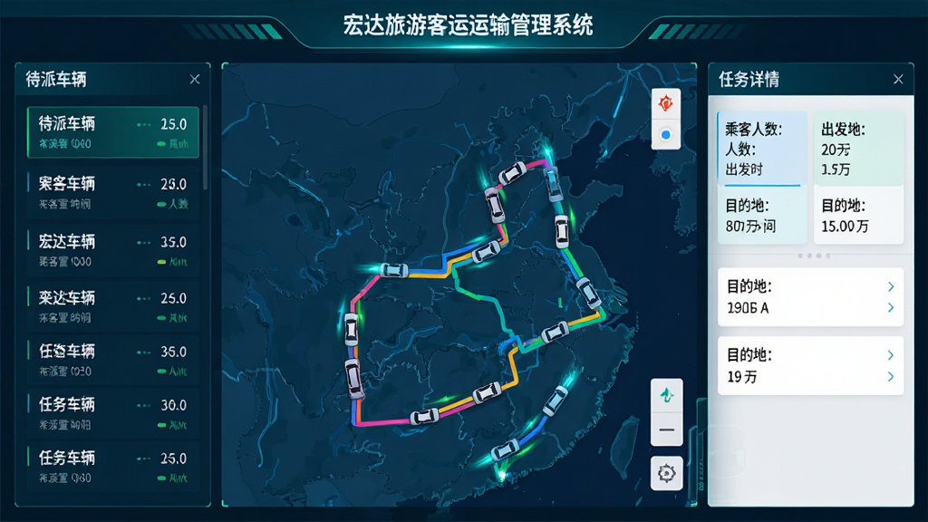 主体:宏达旅游客运运输管理系统智能调度界面,布局:中央为地图路线规划,左侧为待派车辆列表,右侧为任务详情;排版:地图上显示多条彩色路线,车辆图标动态移动;风格:科技感强,蓝绿色调;细节:任务卡片上有乘客人数、出发时间、目的地等字段;画质:高清,干净,无多余元素。