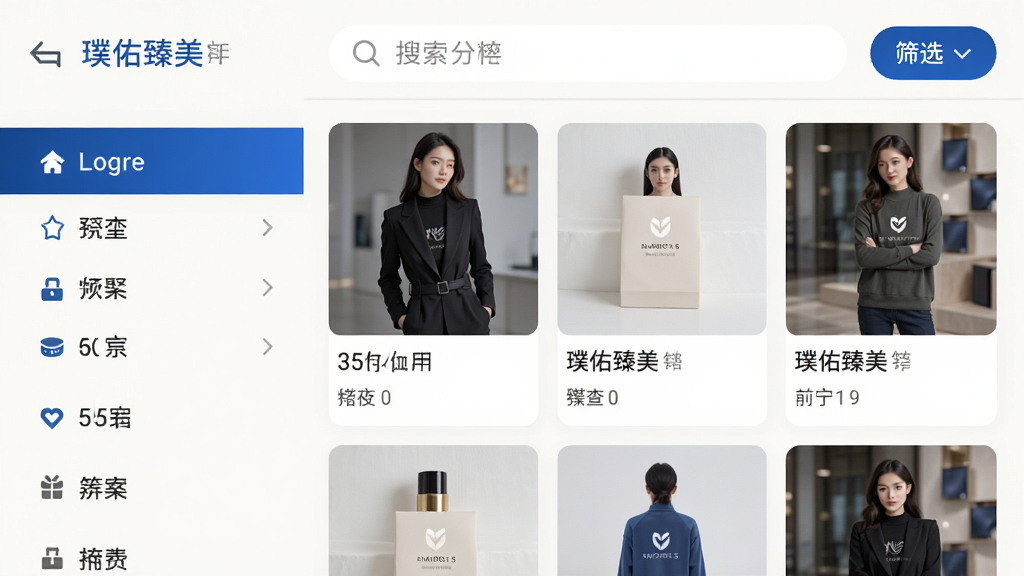 璞佑臻美App分类筛选功能截图,界面展示左侧分类栏、右侧商品瀑布流,顶部有搜索框和筛选按钮,视觉上以浅色背景为主,辅以品牌蓝色点缀,整体排版清晰,画质细腻,干净无多余元素