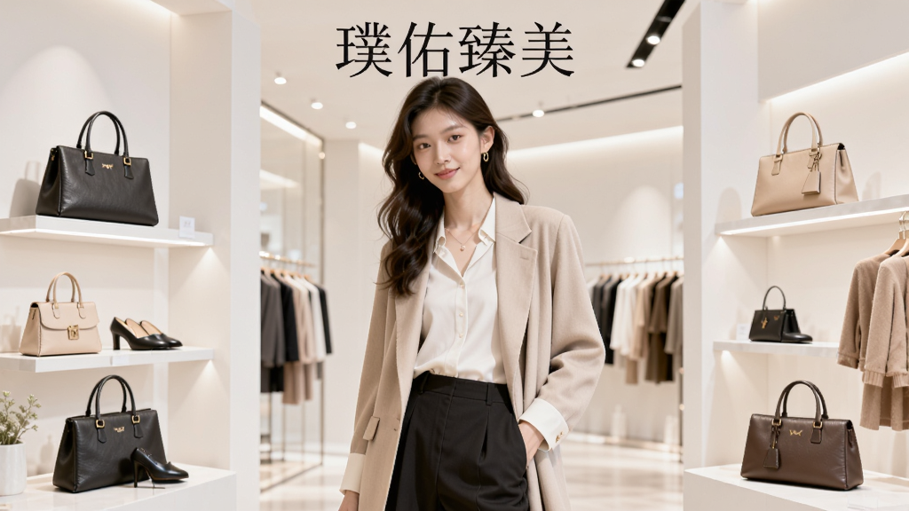 一张时尚购物商城主视觉图,画面中央是身着当季新款服装的年轻模特,周围环绕鞋包配饰等商品陈列,背景干净明亮,采用电商App风格排版,突出
