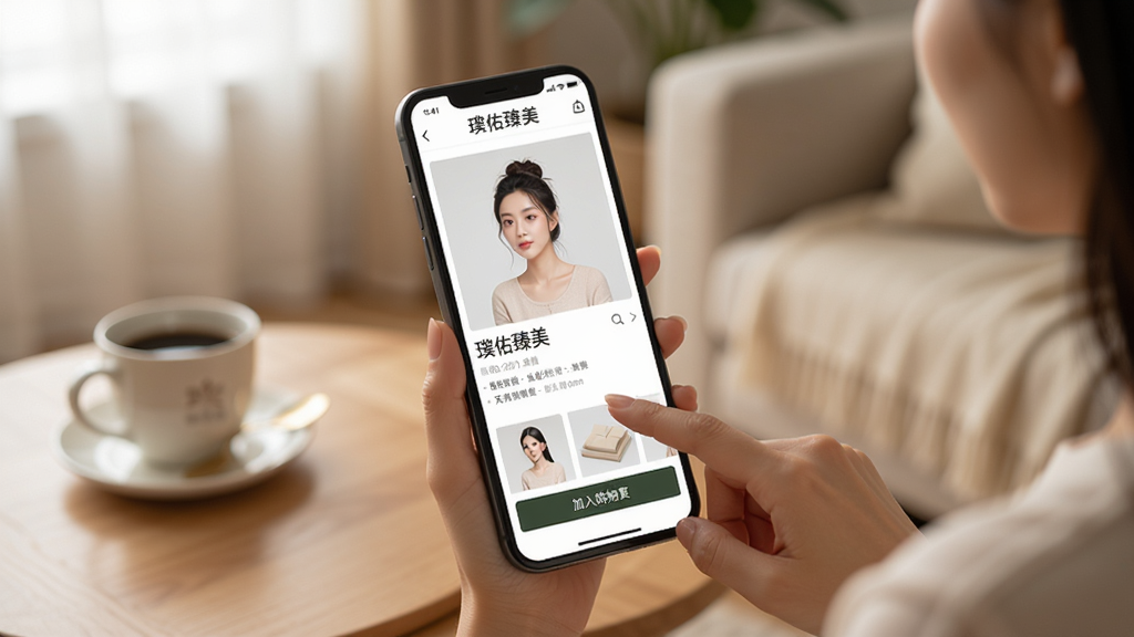 用户正在使用手机浏览璞佑臻美App购物页面,手指点击商品图片,屏幕显示商品详情与加入购物车按钮,周围环境为温馨的室内场景,画面自然清晰,突出