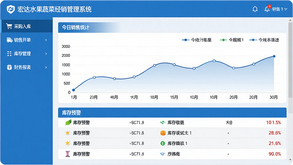 宏达水果蔬菜经销管理系统主界面预览图,左侧导航栏包含采购入库、销售开单、库存管理、财务报表等模块,中央为今日销售统计折线图与库存预警列表,整体采用蓝白配色,界面布局清晰,数据可视化图表丰富,画面干净,无多余元素,画质高清