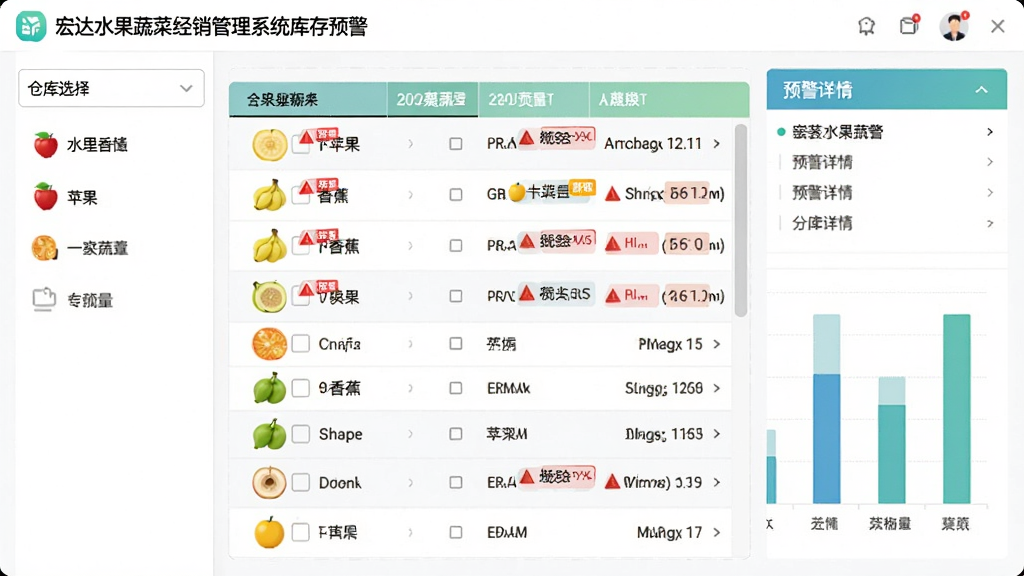 宏达水果蔬菜经销管理系统库存预警界面,以列表和柱状图展示各类水果蔬菜的库存量,其中苹果、香蕉等商品标有红色预警标签,界面左侧为仓库选择下拉框,右侧为预警详情,整体风格简洁现代,配色清新,画质高清,无多余元素