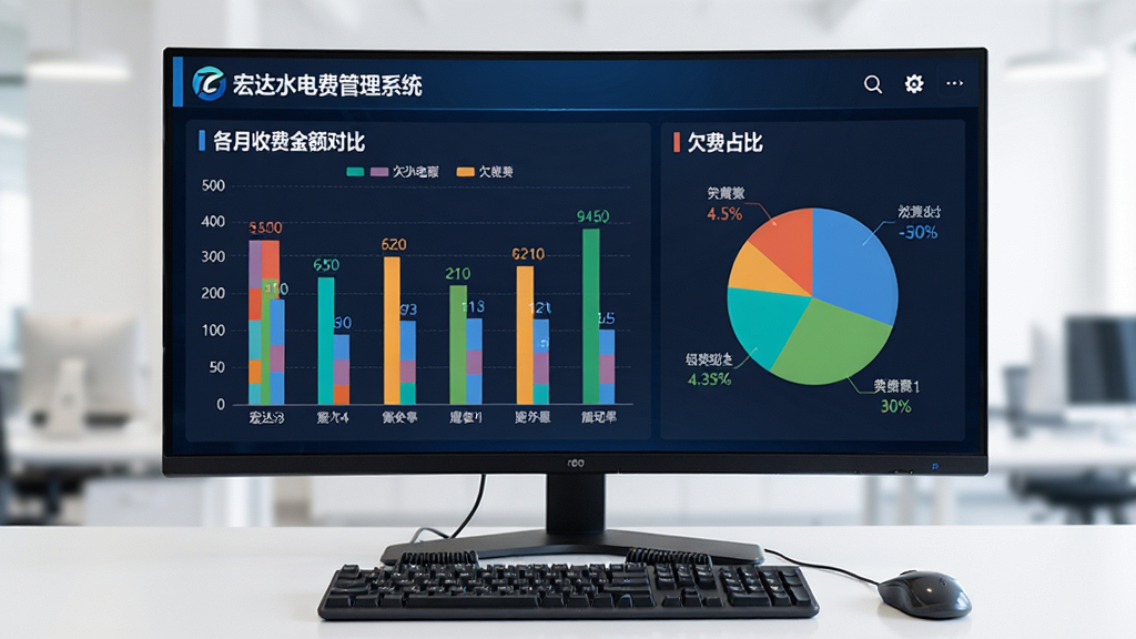 画面主体为宏达水电费管理系统后台的报表中心界面,大屏显示器上展示着彩色柱状图和饼图,分别代表各月收费金额对比和欠费占比,显示器前方放有键盘和鼠标。布局为正面平视角度,屏幕内容清晰可读。风格为商务科技风,细节上突出图表数据标签和“宏达水电费管理系统”Logo,画质明亮干净,无多余元素。