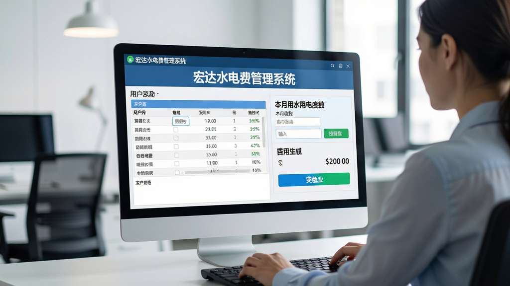 画面主体为宏达水电费管理系统的电脑端操作界面,屏幕上清晰显示“宏达水电费管理系统”标题、用户列表、本月用水用电度数输入框及自动生成的费用金额,背景为现代简约的办公室环境,一位工作人员正在操作电脑。布局采用居中构图,界面截图占画面主体三分之二,四周留白。风格为写实产品截图结合轻微环境光效,细节上突出表格数据、按钮颜色和系统标题文字,画质清晰干净,无多余元素。