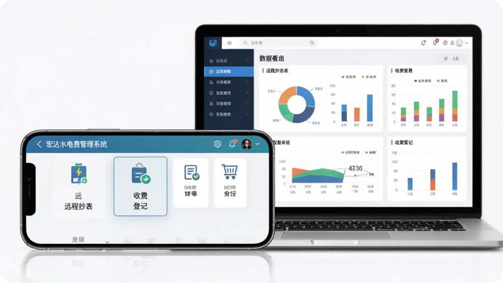 图片主体为智能手机横屏显示宏达水电费管理系统移动端界面,屏幕上显示“远程抄表”和“收费登记”功能菜单,手机旁边放着一台笔记本电脑,屏幕上是该软件的数据看板。布局为手机与电脑前后错落摆放,突出移动办公场景。风格为现代数码产品摄影,细节展示手机界面图标和电脑屏幕上的彩色图表,画质清晰,背景干净。