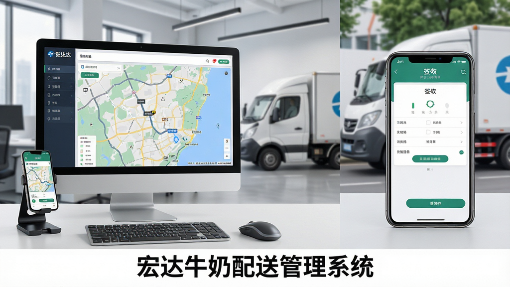 画面主体为宏达牛奶配送管理系统在电脑和手机上的使用场景拼图,左侧电脑屏幕显示配送地图,右侧手机显示签收界面;布局为左右对称,背景为现代办公室和配送车;排版干净,产品名“宏达牛奶配送管理系统”置于底部中央;风格为写实摄影结合UI界面;细节包括键盘、鼠标、手机支架;画质高清,干净,无多余元素