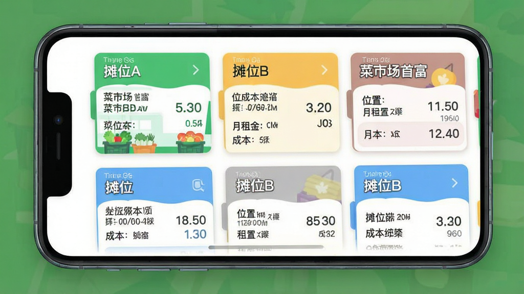 ͼƬ����Ϊ�ֻ�Ӧ�á����г��׸����Ķ�̯λ�������棬�������Կ�Ƭ��ʽ����չʾ�š�̯λA������̯λB���Ȳ�̯ͬλ�����ơ�λ�á������ͳɱ����ݡ����ֲ������»���ʽ�б����Ű����롣���Ϊ����UI������ƣ���ƽ�����ɫ�����졣ϸ����ͻ�����������׶������ʸ��壬����ɾ����޶���Ԫ�أ�ͼƬ�����������ɼ������г��׸�������̯λ��������