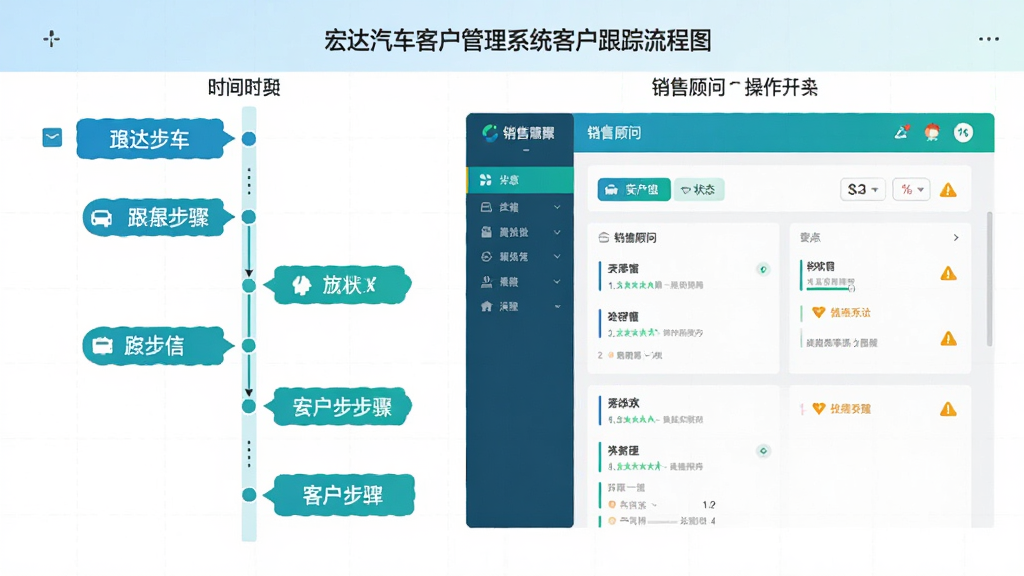 宏达汽车客户管理系统客户跟踪流程图,左侧是时间轴式的跟进步骤,右侧是销售顾问操作界面,色彩明亮,以蓝绿色为主,界面包含状态标签和提醒图标,扁平化设计,画质清晰,干净整洁