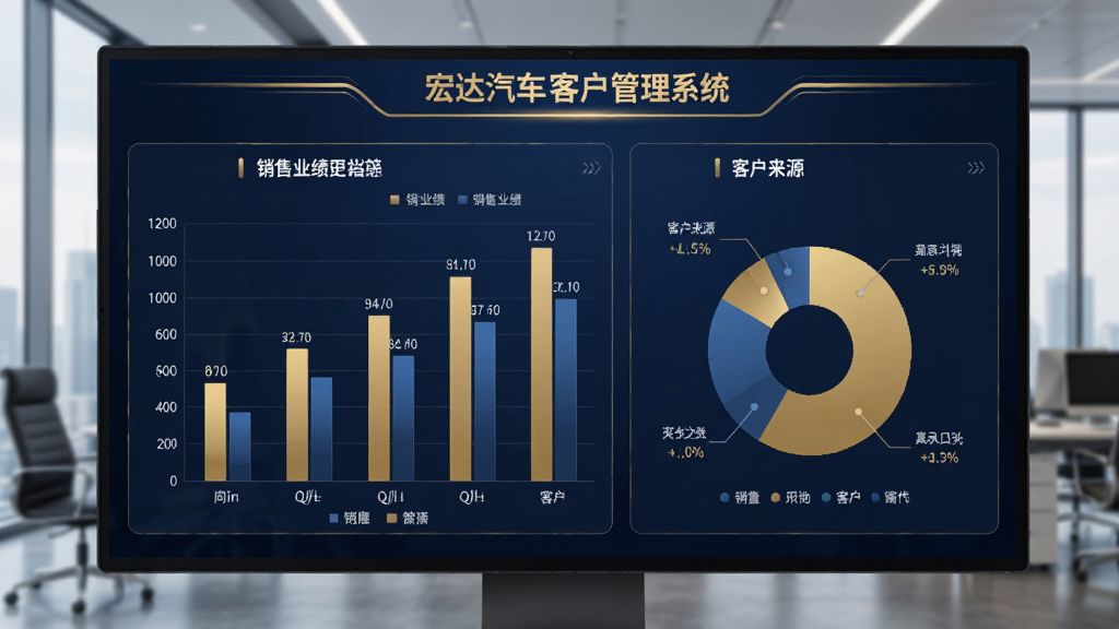 宏达汽车客户管理系统数据看板,包含柱状图和饼图,展示销售业绩与客户来源,背景是商务办公环境,深蓝与金色配色,界面高端大气,数据可视化,细节丰富,画质清晰