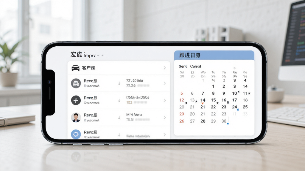 宏达汽车客户管理系统手机端界面,展示客户列表和跟进日历,手机屏幕置于桌面,背景是办公室场景,浅色调,界面简洁,包含图标和卡片,画质清晰,干净