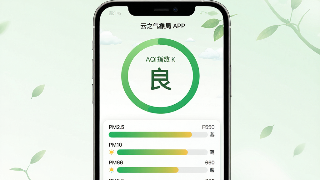主体:云之气象局APP的空气质量页面,显示AQI指数为“良”,用绿色圆环展示,下方列出PM2.5、PM10等污染物浓度条。布局:居中显示主要数据,列表排列污染物信息。排版:数据可视化,颜色条清晰。风格:清新自然,绿色为主调。细节:指数数字大而醒目,颜色条有渐变。画质:高清,干净,无多余元素。