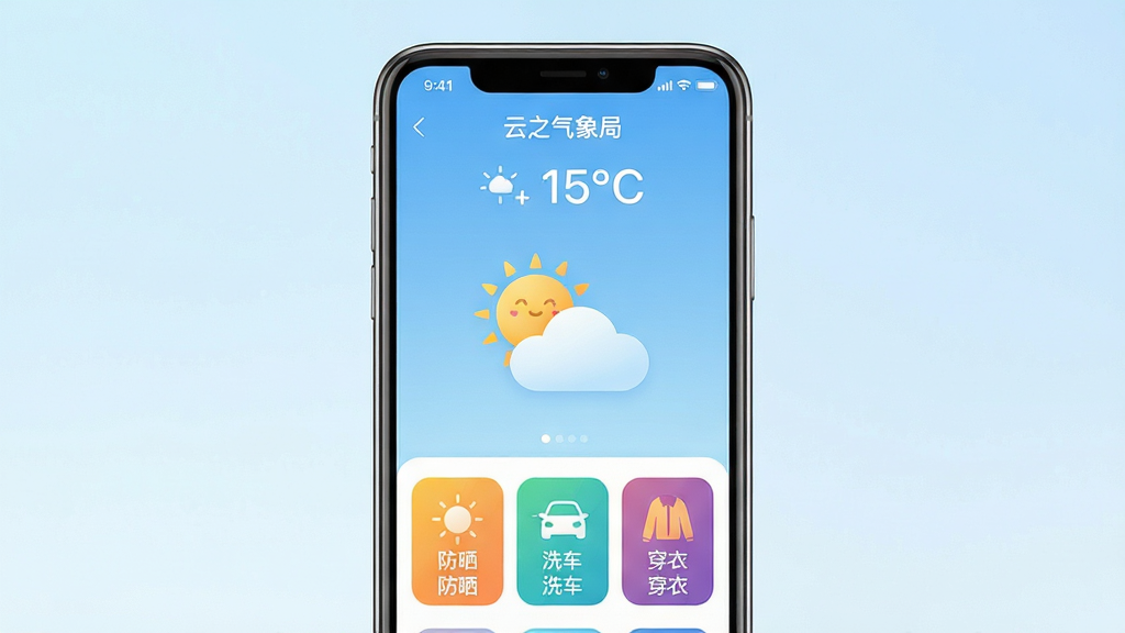 主体:云之气象局APP界面,展示实时天气信息与生活指数,屏幕上方显示城市名称和当前温度,中间有太阳和云朵的图标,下方排列着“防晒”、“洗车”、“穿衣”等彩色生活指数图标。布局:手机居中,界面整洁清晰,左右留白。排版:信息层级分明,主次有序。风格:现代扁平化设计,色彩清新明快。细节:天气图标精致,数据字体清晰,背景有淡蓝色渐变。画质:高清渲染,干净,无多余元素。