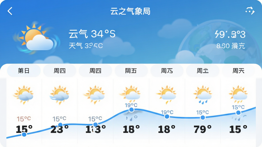 主体:云之气象局APP的天气预报页面,展示未来七天的天气图标和温度曲线,日期横向排列。布局:页面顶部为当前天气实况,下方为七日预报列表。排版:清晰明了,温度曲线用蓝色线条表示。风格:简约清爽,符合天气类应用设计。细节:天气图标有动态效果,温度数字加粗显示。画质:高清,干净,无多余元素。