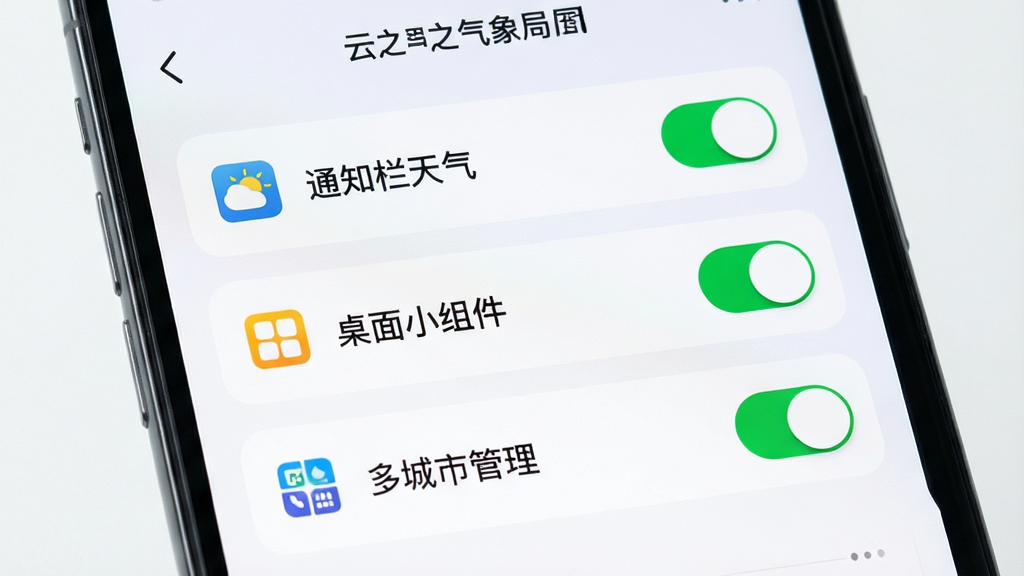 主体:手机屏幕上显示云之气象局APP的设置页面,包含“通知栏天气”、“桌面小组件”、“多城市管理”等选项。布局:设置列表居中,每行有图标和文字。排版:简洁清晰,开关按钮明显。风格:清爽的浅色背景,圆角卡片设计。细节:选项旁有小图标点缀,开关为绿色。画质:高清,干净,无多余元素。