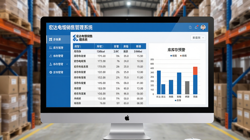 主体:宏达电缆销售管理系统库存管理界面,电脑屏幕上显示库存列表与库存预警图表。布局:屏幕居中,旁边有仓库货架背景。排版:界面左侧为功能菜单,右侧为库存数据表格和柱状图。风格:简洁商务风,蓝色与白色为主色调。细节:屏幕中显示“宏达电缆销售管理系统”标题,库存数据条理清晰。画质:高清,干净,无多余元素。