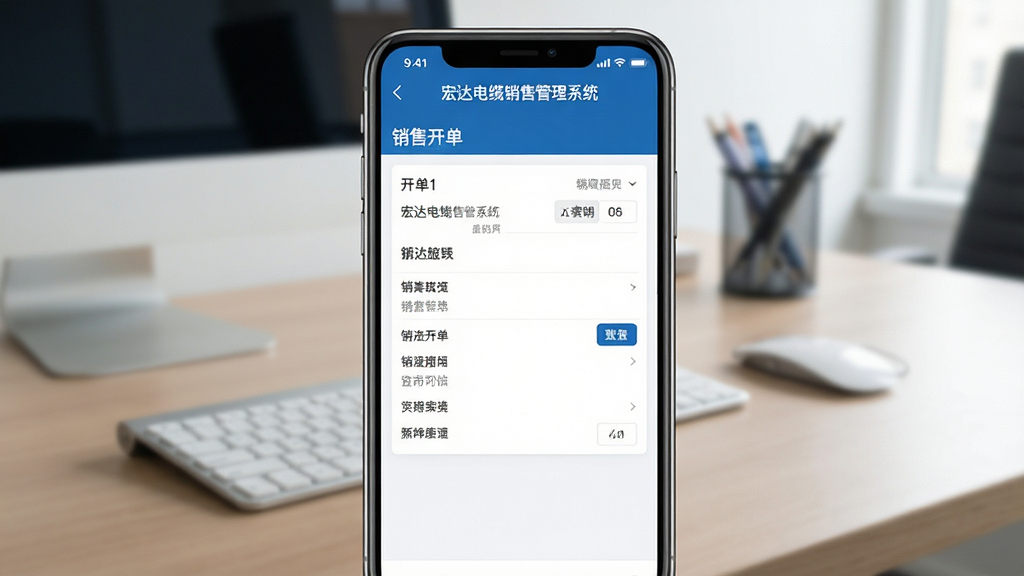 主体:宏达电缆销售管理系统手机端操作演示,手机屏幕显示销售开单界面。布局:手机居中,背景为办公桌面。排版:手机屏幕放大展示,界面清晰。风格:简约商务风,蓝色主题。细节:屏幕显示“宏达电缆销售管理系统”字样,开单信息完整。画质:高清,干净,无多余元素。