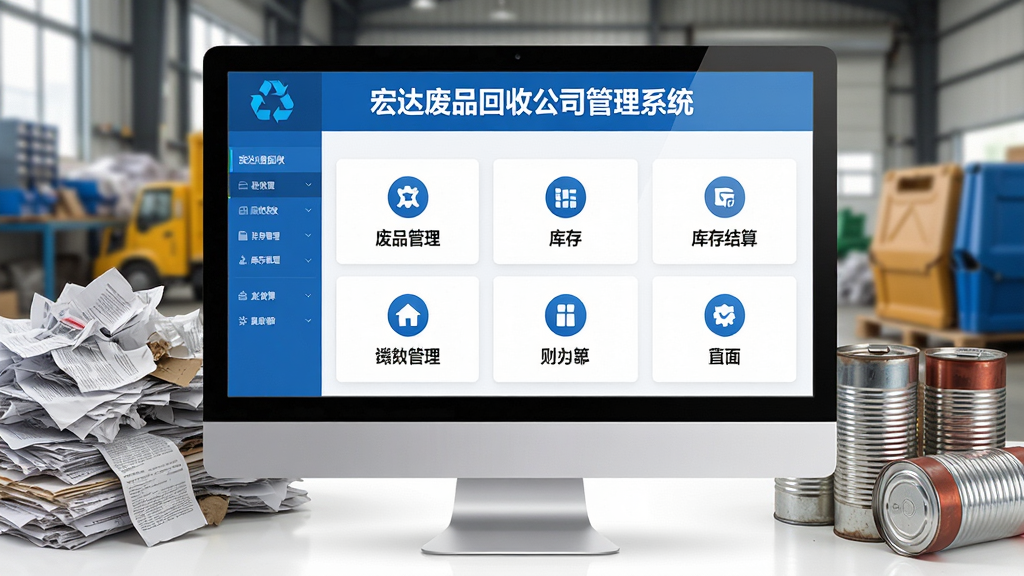 主体:宏达废品回收公司管理系统软件界面,电脑屏幕显示主界面,包含废品回收管理、库存管理、财务结算等模块,整体布局清晰简洁,功能图标整齐排列。布局:居中构图,电脑屏幕作为视觉中心,周围有废品回收场景元素如废纸堆、金属罐等。排版:界面内容以中文文字为主,标题为“宏达废品回收公司管理系统”,下方为各类功能模块图标和文字标签。风格:现代商务风格,色彩以蓝白为主,界面干净明亮,细节丰富。画质:高清,干净,无多余元素。
