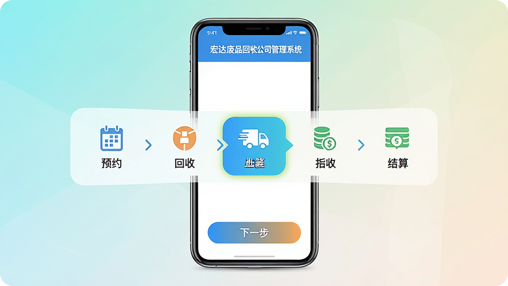 主体:宏达废品回收公司管理系统在手机上的操作界面,显示回收流程步骤条,从“预约”到“结算”共五个步骤,当前步骤高亮。布局:手机屏幕居中,周围有简约的背景渐变。排版:步骤条横向排列,每个步骤有图标和文字,底部有“下一步”按钮。风格:扁平化设计,色彩明快,界面简洁易读。画质:高清,干净,无多余元素。