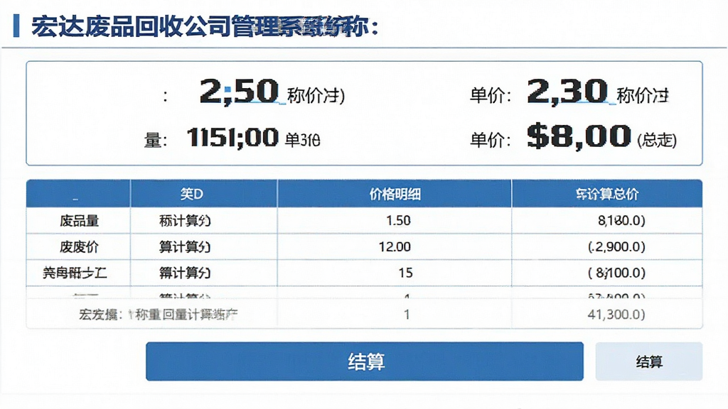 主体:宏达废品回收公司管理系统的称重计价界面,显示废品重量和单价,自动计算总价。布局:界面居中,上方是称重数据展示区,下方是价格明细和结算按钮。排版:数据以数字和单位清晰标注,价格列表用表格形式呈现。风格:商务简约,白底蓝字,重点数据加粗。画质:高清,干净,无多余元素。