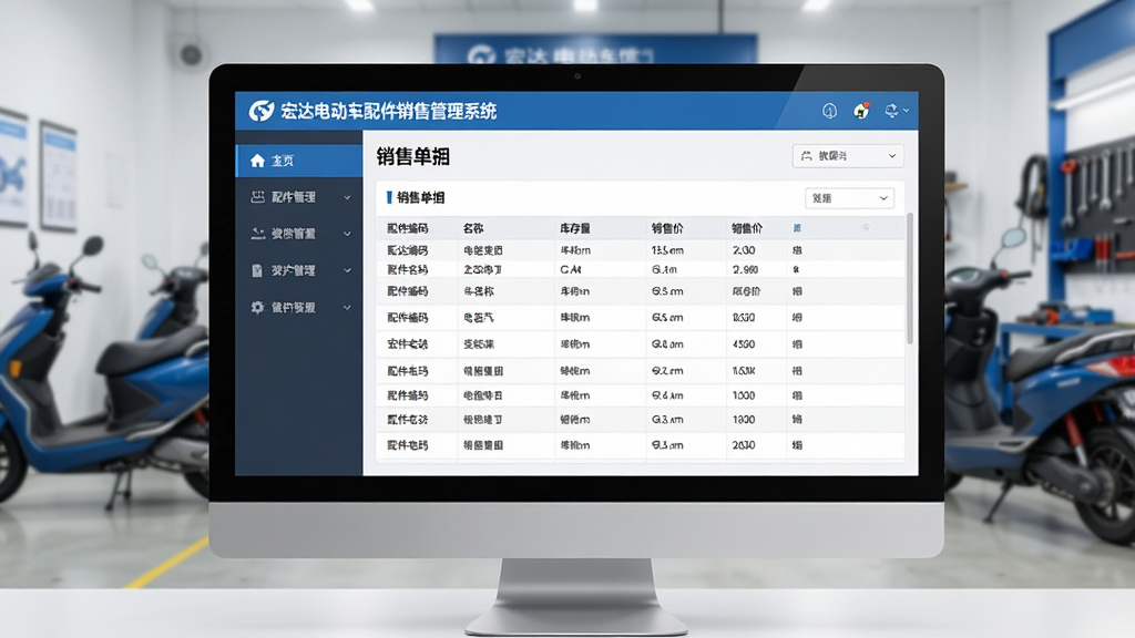 主体:宏达电动车配件销售管理系统在电脑屏幕上的主界面展示,背景为整洁的电动车维修店。布局:左侧功能导航栏,右侧数据看板,中间为销售单据列表。排版:界面层次分明,数据表格对齐整齐。风格:现代商务软件风格,蓝色主色调,扁平化设计。细节:屏幕中显示“宏达电动车配件销售管理系统”字样,表格内包含配件编码、名称、库存量、销售价等列。画质:高清,干净,无多余元素。