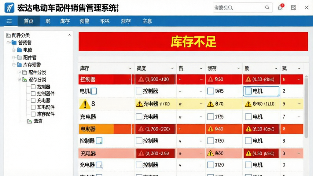 主体:宏达电动车配件销售管理系统的库存预警界面。布局:左侧为配件分类树,右侧为库存列表,顶部为预警横幅。排版:表格数据密集,横幅醒目。风格:企业管理软件风格,红黄蓝三色预警标识。细节:预警横幅显示“库存不足”字样,列表中有“电机”、“控制器”、“充电器”等配件名称。画质:干净明亮,无多余元素。