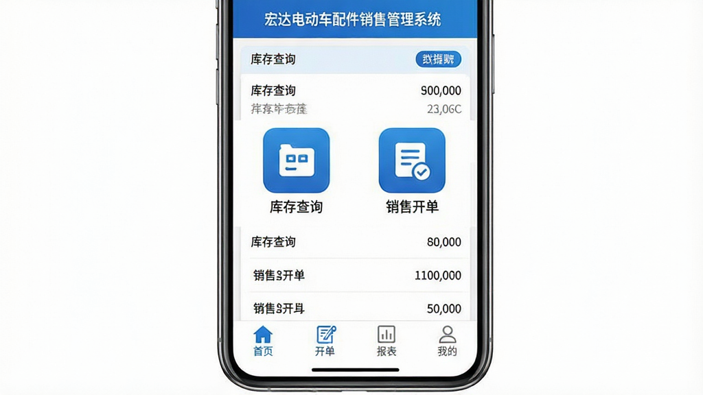 主体:宏达电动车配件销售管理系统在手机上的移动端界面。布局:手机屏幕居中,界面显示库存查询和销售开单图标。排版:手机界面下方有“首页”、“开单”、“报表”、“我的”四个导航图标。风格:移动APP风格,简洁现代,蓝色主题。细节:屏幕上显示“宏达电动车配件销售管理系统”字样,库存数据以列表形式排列。画质:高清,干净,无多余元素。